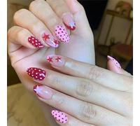 Lot de 24 faux ongles courts ovales brillants d'inspiration française à pois et étoiles rouges