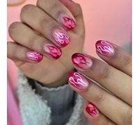 Lot de 24 faux ongles courts ovales en acrylique à pression - Motif flamme en forme de cœur - Accessoires pour les fêtes et le quotidien