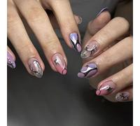 Lot de 24 faux ongles courts ovales en acrylique à rayures argentées