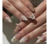 Lot de 24 faux ongles courts ovales orange à presser en acrylique à coller sur les ongles d'Halloween pour femmes et filles pour le nail art (blanc nacré ondulé)