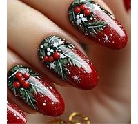 Lot de 24 faux ongles courts ovales rouges scintillants avec baies rouges flashy art pour célébrations Motif Père Noël
