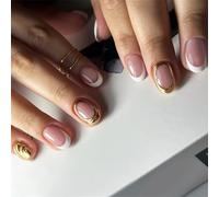 Lot de 24 faux ongles courts ronds blancs à bout français à presser avec des motifs à rayures dorées pour femme Art brillant Couverture complète