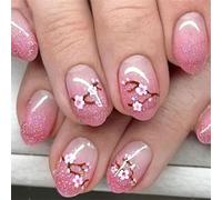 Lot de 24 faux ongles courts ronds en acrylique à paillettes - Motif fleurs de pêche