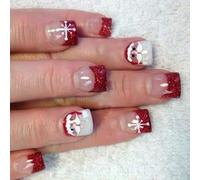 Lot de 24 faux ongles courts rouges scintillants avec Père Noël flocon de neige pour célébrations Noël