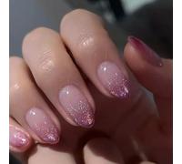 Lot de 24 faux ongles courts scintillants en forme d'amande - Couleur chair violette - Pour les amateurs de mode