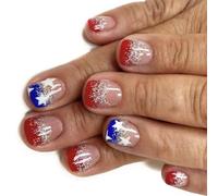 Lot de 24 faux ongles courts sur le thème du jour de l'indépendance - Pour les festivals et les événements