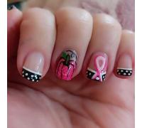 Lot de 24 faux ongles de français avec ruban rose à pois, design ABS à pression pour fête, pointe française, festonné rose rouge