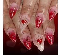 Lot de 24 faux ongles de longueur moyenne, pointe française, rouge, avec nœud en forme de cœur brillant, couverture complète, dégradé rouge Saint-Valentin