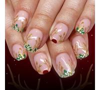 Lot de 24 faux ongles de Noël à paillettes dorées avec motif de feuilles de renne - Ongles artificiels en ABS pour fête de vacances - À porter rapidement