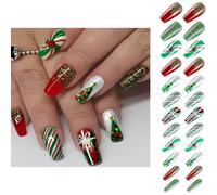 Lot de 24 faux ongles de Noël à paillettes - Long carré rouge - Motif flocons de neige - Couverture complète - Cadeau pour femme - French Tip - Manucure avec autocollants de colle