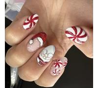Lot de 24 faux ongles de Noël à presser avec flocons de neige et rayures en acrylique pour femme