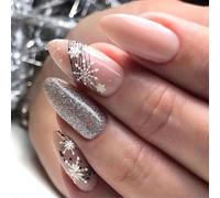 Lot de 24 faux ongles de Noël à presser - Motif flocon de neige argenté scintillant - Couverture complète - Ongles de Noël en forme d'amande - Pour femme - Taille M