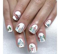 Lot de 24 faux ongles de Noël avec flocons de neige et bonhomme de neige - Motifs floraux bleus et rouges - Application facile