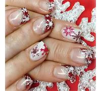 Lot de 24 faux ongles de Noël avec motif flocons de neige à presser sur les ongles - Courts et carrés - À coller - Pour femme