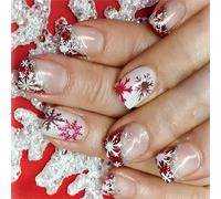 Lot de 24 faux ongles de Noël carrés courts à coller sur un flocon de neige