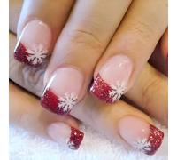 Lot de 24 faux ongles de Noël carrés courts avec motifs à coller pour femme