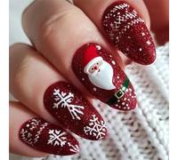 Lot de 24 faux ongles de Noël courts ovales avec motif Père Noël flocon de neige Application facile Rouge pailleté