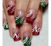 Lot de 24 faux ongles de Noël en acrylique à rayures scintillantes à coller sur les faux ongles pour fêtes et célébrations