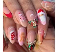 Lot de 24 faux ongles de Noël en forme d'amande à coller sur les ongles du Père Noël