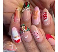 Lot de 24 faux ongles de Noël en forme d'amande - Motif Père Noël