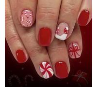 Lot de 24 faux ongles de Noël en forme de canne à sucre d'orge flocon de neige - Application facile - Matériaux ABS légers - Faux ongles courts - Amande