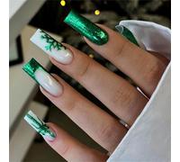 Lot de 24 faux ongles de Noël - Flocons de neige - Vert - À coller sur les ongles - Couverture complète - Carrés - À coller sur les ongles