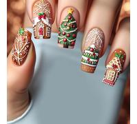 Lot de 24 faux ongles de Noël sur ongles en forme de maison de chocolat motif flocon de neige en acrylique pour la fête de vacances