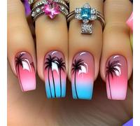 Lot de 24 faux ongles de plage à couverture complète avec motifs en noix de coco pour femmes, facile à appliquer