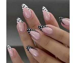 Lot de 24 faux ongles de vacances French Tip Dots Design Couverture complète Ongles à pression Durable Fête Vêtements de tous les jours Blanc