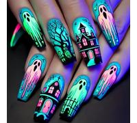 Lot de 24 faux ongles d'Halloween avec bandes de colle, longs motifs fantomatiques, bleu ballet, faux ongles en ABS pour femme, fête, citrouille, araignées, fantômes, toile à presser