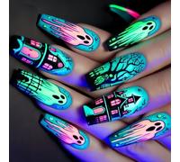 Lot de 24 faux ongles d'Halloween en ABS bleu chauve-souris/lune - Longue durée - Faciles à appliquer - Pour femme - Bleu - Forêt fantôme - Ballerines