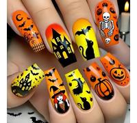 Lot de 24 faux ongles d'Halloween en forme de cercueil avec toile d'araignée fantôme citrouille pour fête et événement festif