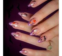 Lot de 24 faux ongles d'Halloween en poudre pailletée avec motif citrouille fantôme ABS pour femme