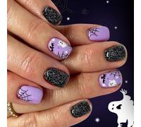Lot de 24 faux ongles d'Halloween en toile d'araignée avec ailes de chauve-souris pour costume d'événement Blanc