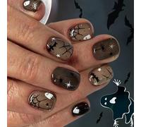 Lot de 24 faux ongles d'Halloween en toile d'araignée foncée scintillante, fantôme et squelette, application facile pour les fêtes costumées