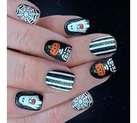 Lot de 24 faux ongles d'Halloween réutilisables à coller Motif toile d'araignée citrouille squelette