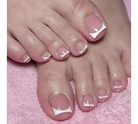 Lot de 24 faux ongles d'orteils à presser carrés courts avec bord blanc Smile Line, matériau ABS brillant à couverture complète avec languettes adhésives en gelée, 12 tailles pour femme, dure 1 à 3