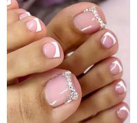 Lot de 24 faux ongles d'orteils carrés courts avec paillettes et strass pour pédicure pour un look élégant au quotidien
