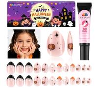 Lot de 24 faux ongles EBANKU Kid à coller pour Halloween avec petits motifs de citrouilles, courtes, en forme d'amande, pointe française de qualité professionnelle, colle incluse