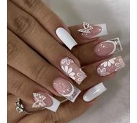 Lot de 24 faux ongles élégants à coller avec strass français Motif papillon et floral Pour fêtes et célébrations Facile à appliquer et à enlever