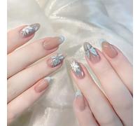 Lot de 24 faux ongles élégants à couverture complète avec pointe française dégradée à presser avec papillons colorés Bleu