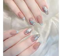 Lot de 24 faux ongles élégants à couverture complète avec pointe française tendance dégradée avec papillons colorés semi-bleus dégradés faciles à appliquer, légers et confortables
