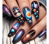 Lot de 24 faux ongles élégants - Ciel étoilé - Couverture complète - Brillants - À coller - Pour femme