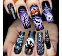 Lot de 24 faux ongles en ABS - Citrouille fantomatique - Chauve-souris - En forme d'amande - Confortables - À porter sur le thème de l'horreur - Durabilité - Pour Halloween - Violet ballet