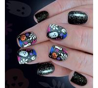 Lot de 24 faux ongles en ABS pour Halloween - Impression squelette - Sans outils d'application - Longue durée de vie - Motifs fantômes d'Halloween