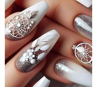 Lot de 24 faux ongles en acrylique à coller avec un design élégant à plumes Convient pour divers événements d'ongles en acrylique