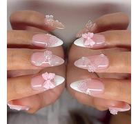 Lot de 24 faux ongles en acrylique à motif floral, en forme d'amande, blancs, en forme d'amande, pour les vacances