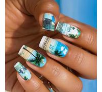 Lot de 24 faux ongles en acrylique à pression cercueil - Noix de coco - Arbres français - Colle acrylique pour femmes - Transparent