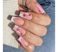 Lot de 24 faux ongles en acrylique avec motif fraises - Faciles à utiliser - Pour la Saint-Valentin