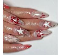 Lot de 24 faux ongles en acrylique avec nœuds, étoiles et strass pour toutes les occasions